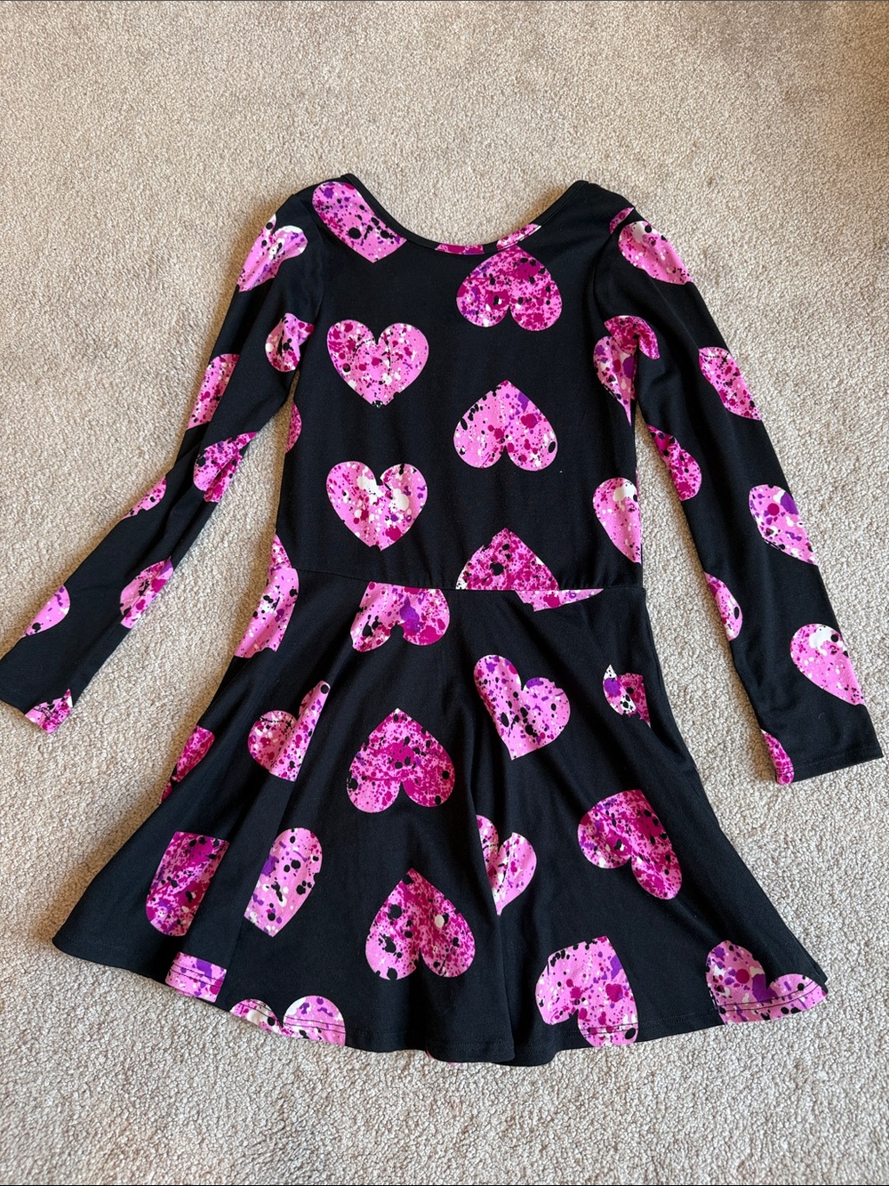 Girls Black Dress with Pink Heart Print - Playful Everyday Skater Dress